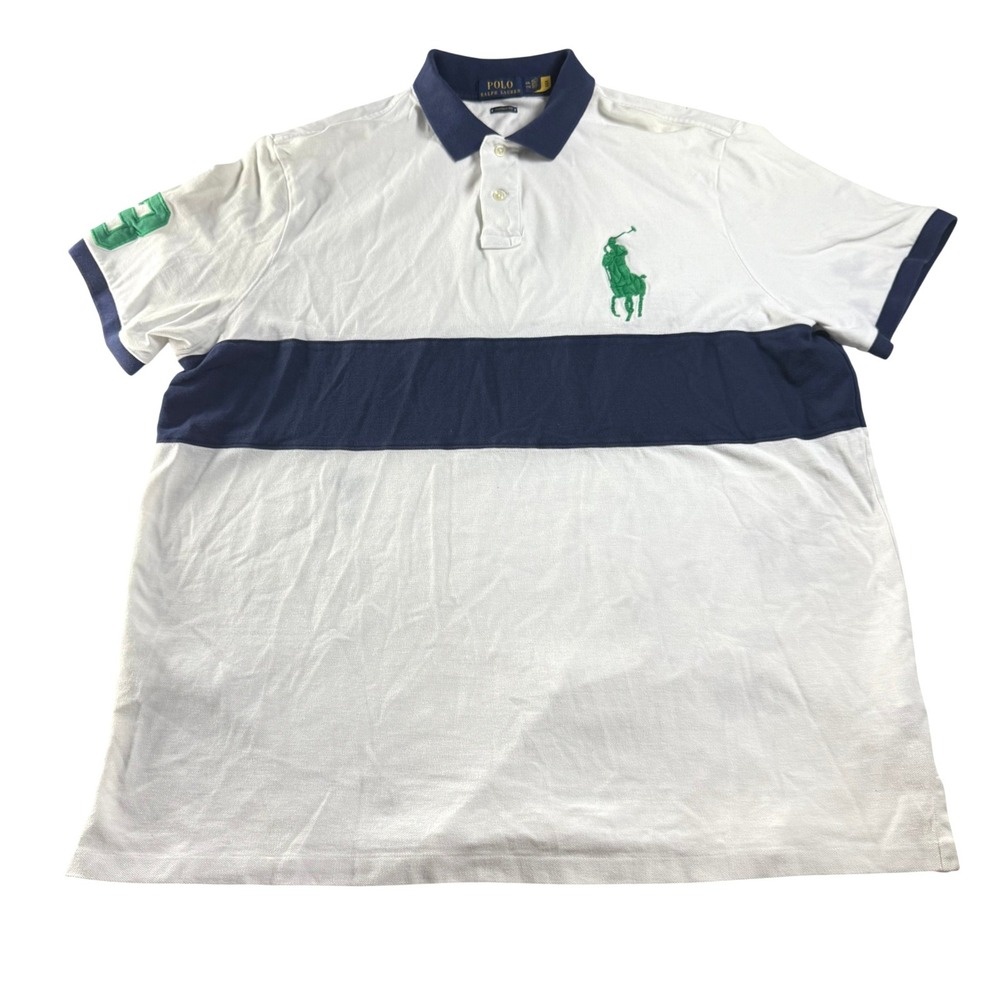 Polo Ralph Lauren Mens White Blue Big Pony Polo Shirt 2XL Classic Fit